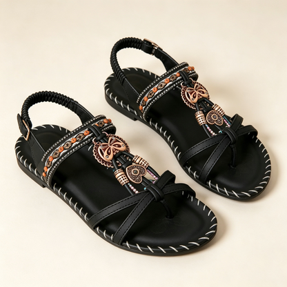 Handmade wooden buckle bow rhinestone flat sandals