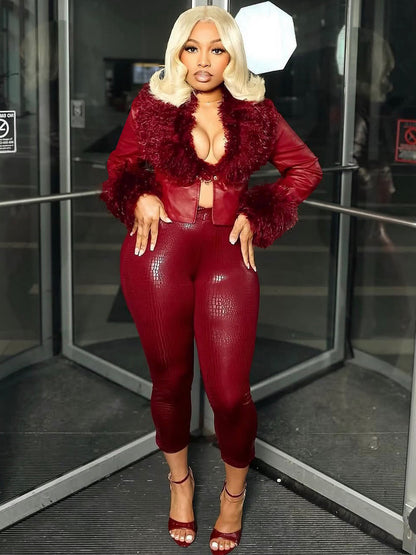 Cropped Leather Jacket With A Plush Collar
