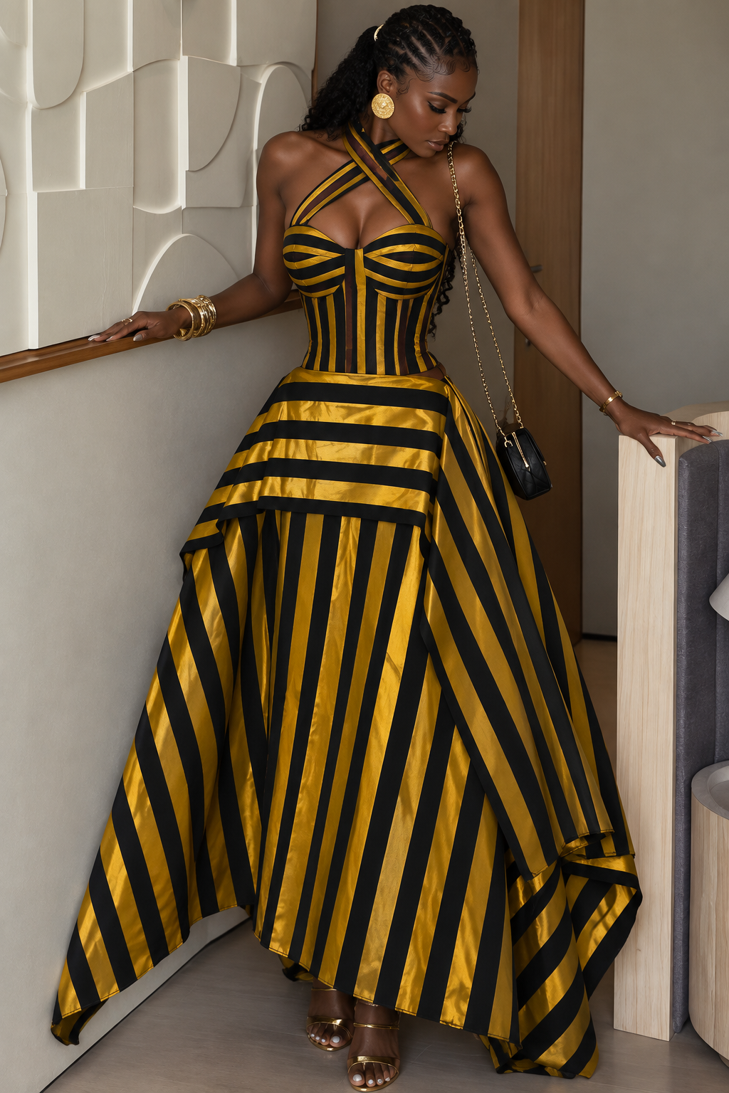 Striped Print Patchwork Ruffle Set