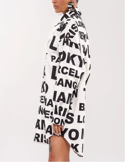 City Letter Print Oversized Shirt Mini Dress