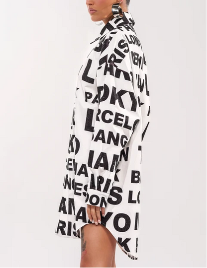City Letter Print Oversized Shirt Mini Dress