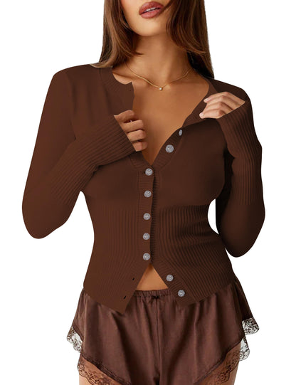 Short Button-down Ribbed Knit Cardigan Sweater