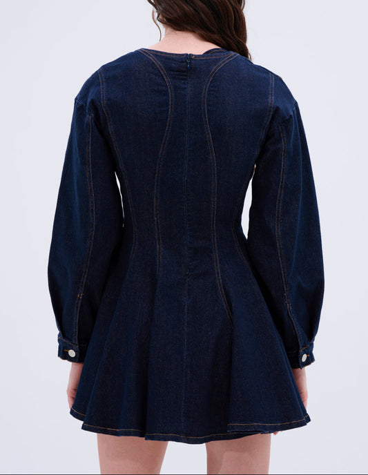 Denim Mini Dress with Deep V Collar