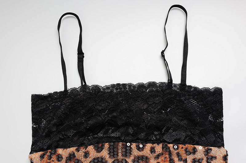 Lace And Leopard-print Sequin Camisole Dress