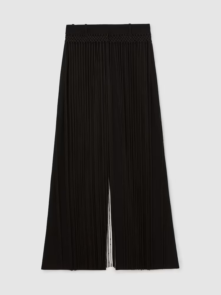 Black Fringe Wide‑Leg High Waist Pants