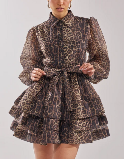 Leopard Tiered Ruffle Shirt Mini Dress