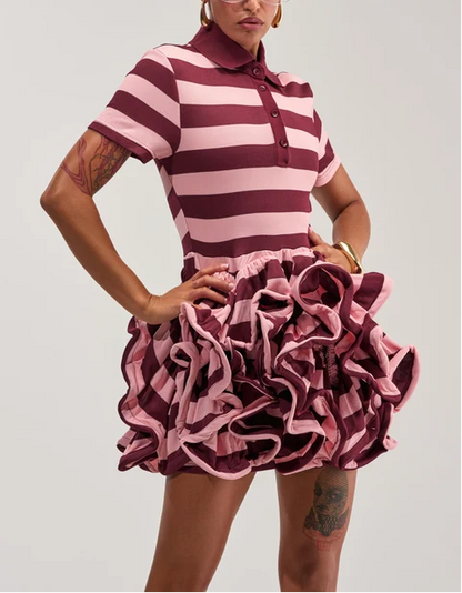 Striped Polo 3D Ruffle Mini Dress