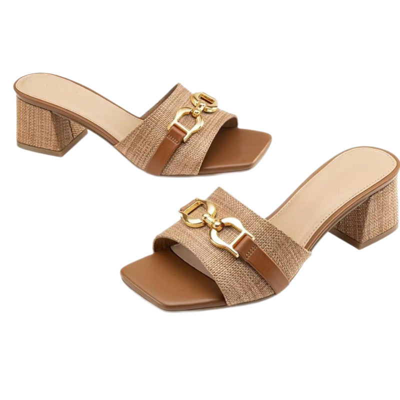 Square-toe Mid-heel Metal Buckle Sandals