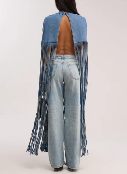 Long Fringe Denim Open‑Back Cape Top