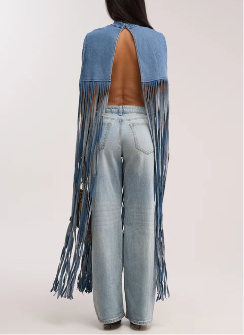 Long Fringe Denim Open‑Back Cape Top