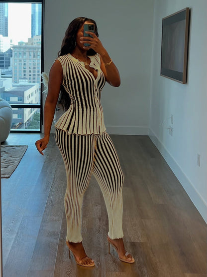 Striped Sleeveless Peplum Top & Flared Pants Set