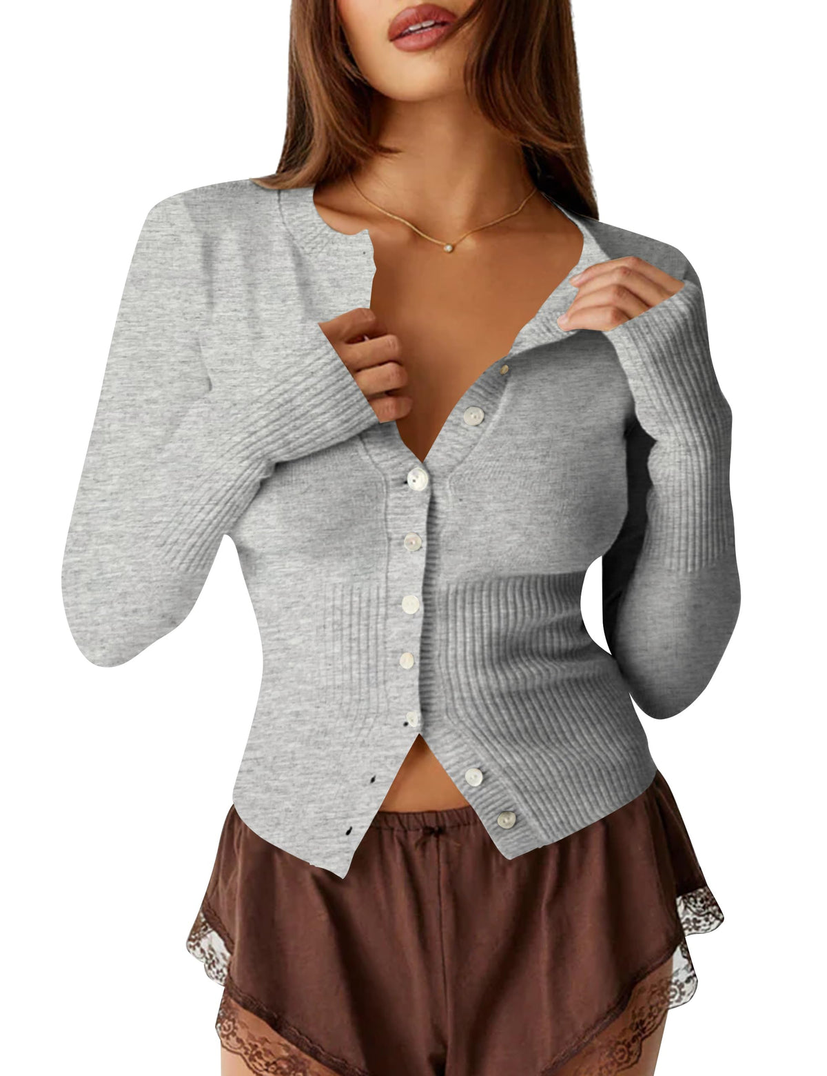 Short Button-down Ribbed Knit Cardigan Sweater