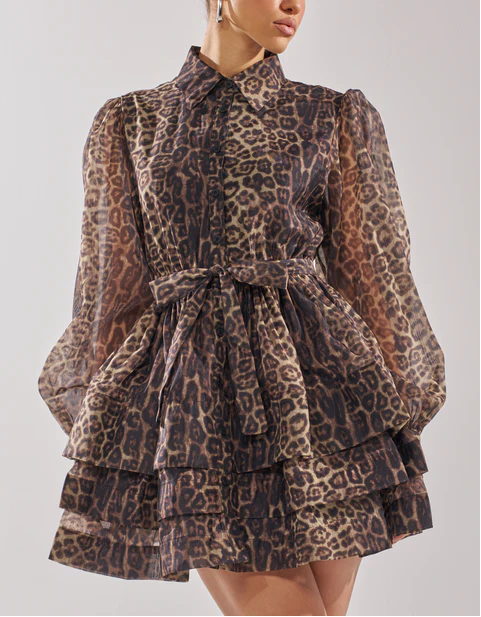 Leopard Tiered Ruffle Shirt Mini Dress