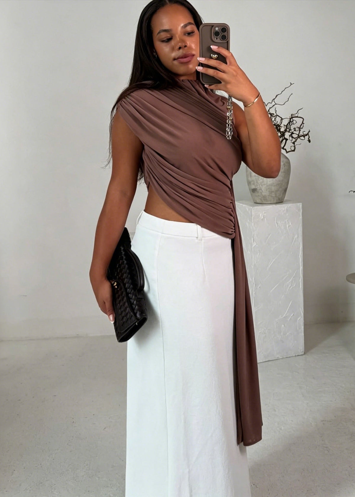Irrejular Solid-Color Pleated Sleeveless T-Shirt