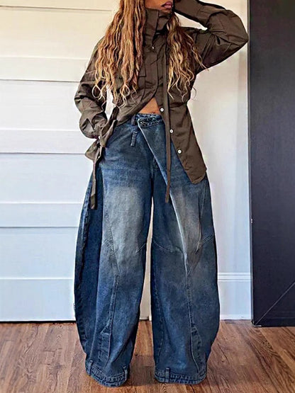 Women's Vintage-Wash Jeans with Fold-Over Waistband