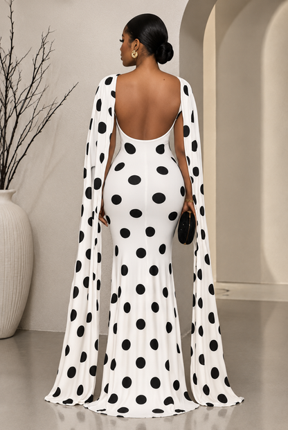 Elegant Polka-Dot Print Evening Dress