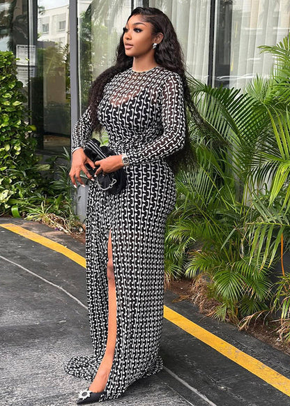 Slit-detail Printed High-neck Dress