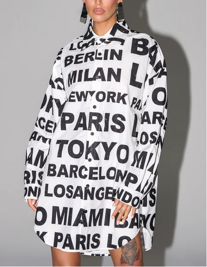 City Letter Print Oversized Shirt Mini Dress