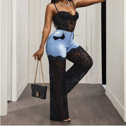 High Waist Denim Lace Patchwork Flare Pants