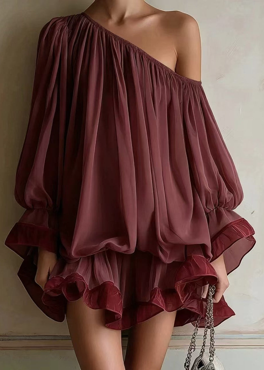 One-shoulder Color-block Chiffon Mini Dress
