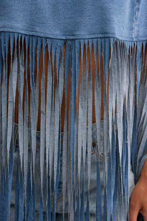 Long Fringe Denim Open‑Back Cape Top
