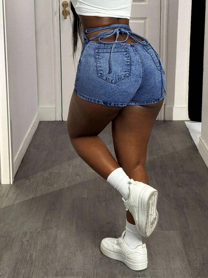 High Waist Tie‑Back Skinny Jean Shorts