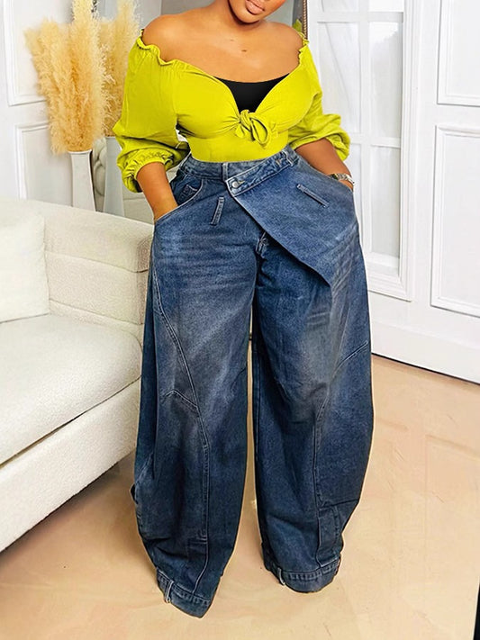 Women's Vintage-Wash Jeans with Fold-Over Waistband