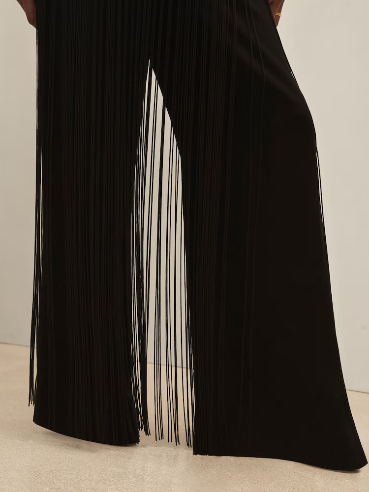 Black Fringe Wide‑Leg High Waist Pants