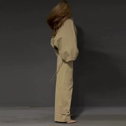Lantern Sleeve Drawstring Wide-leg Cargo Pants Suit