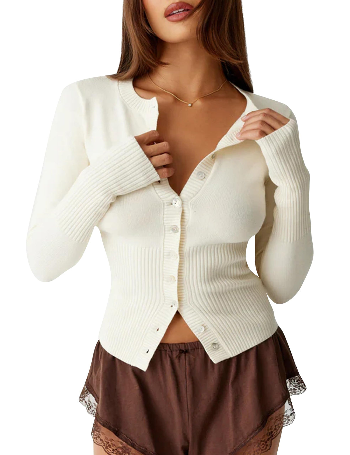 Short Button-down Ribbed Knit Cardigan Sweater