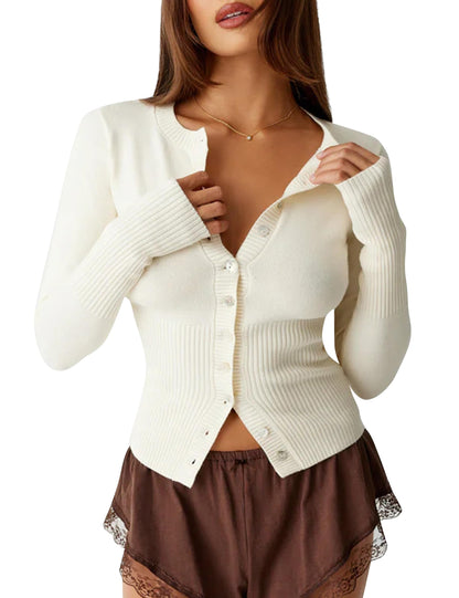 Short Button-down Ribbed Knit Cardigan Sweater