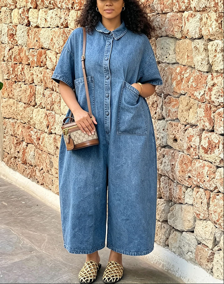 Single-breasted Loose-fit Denim Jumpsuit