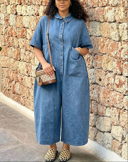 Single-breasted Loose-fit Denim Jumpsuit