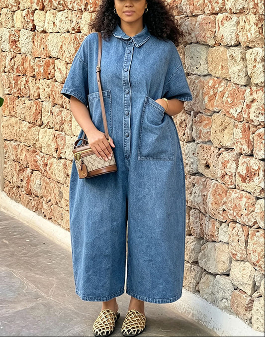 Single-breasted Loose-fit Denim Jumpsuit
