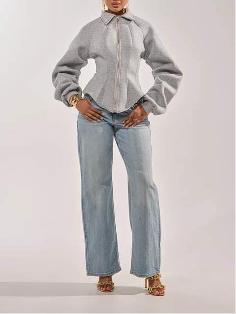 Corset Zip‑Up Collared Sweatshirt Jacket