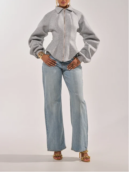 Corset Zip‑Up Collared Sweatshirt Jacket