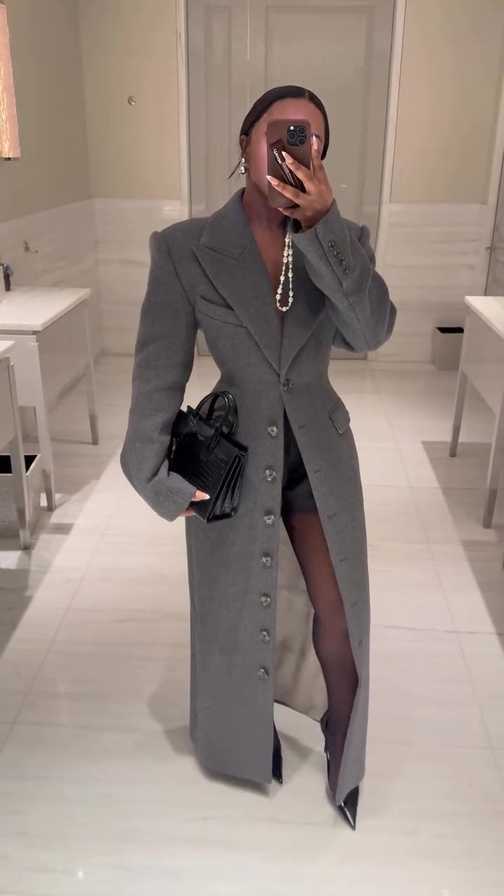 Structured Lapel Cinched‑Waist Suit Overcoat