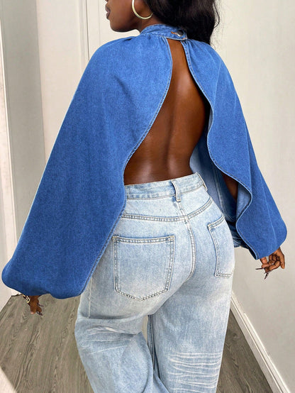 Balloon Sleeve Cutout Back Denim Crop Top