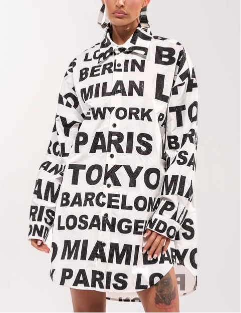 City Letter Print Oversized Shirt Mini Dress