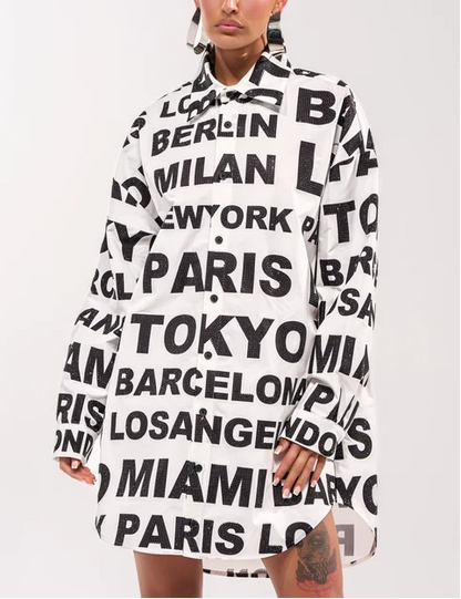 City Letter Print Oversized Shirt Mini Dress