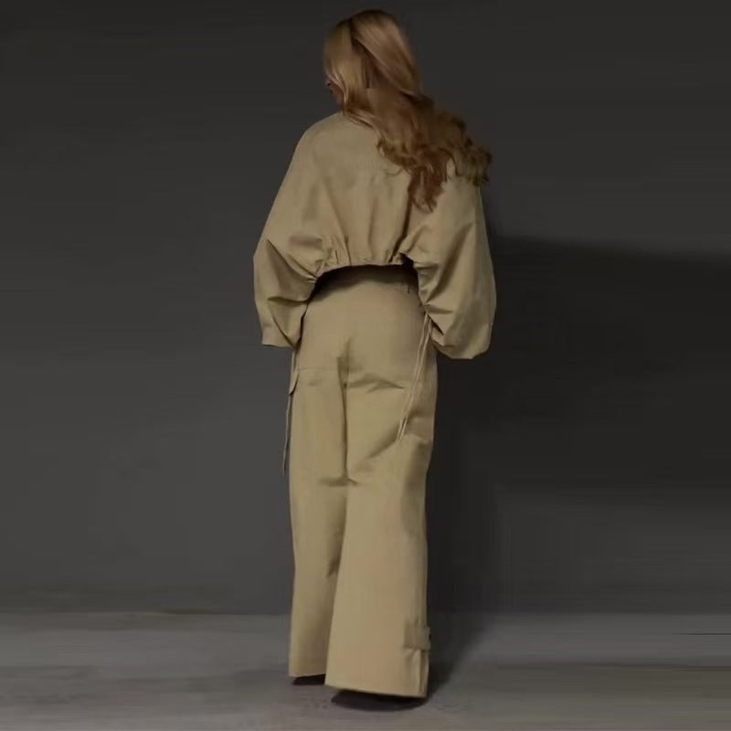 Lantern Sleeve Drawstring Wide-leg Cargo Pants Suit