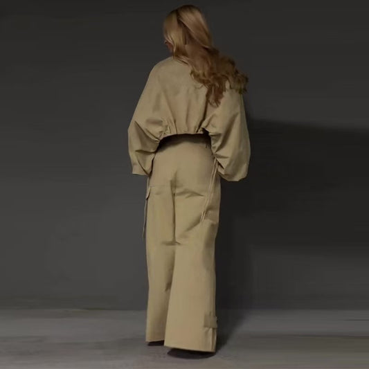 Lantern Sleeve Drawstring Wide-leg Cargo Pants Suit