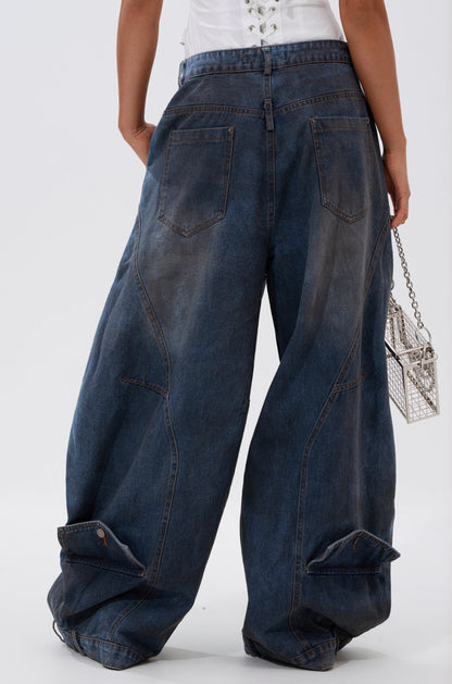 Retro Pleated Washed Curved Jeans