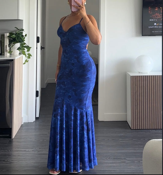Twist Front Floral Mermaid Formal Maxi Dress