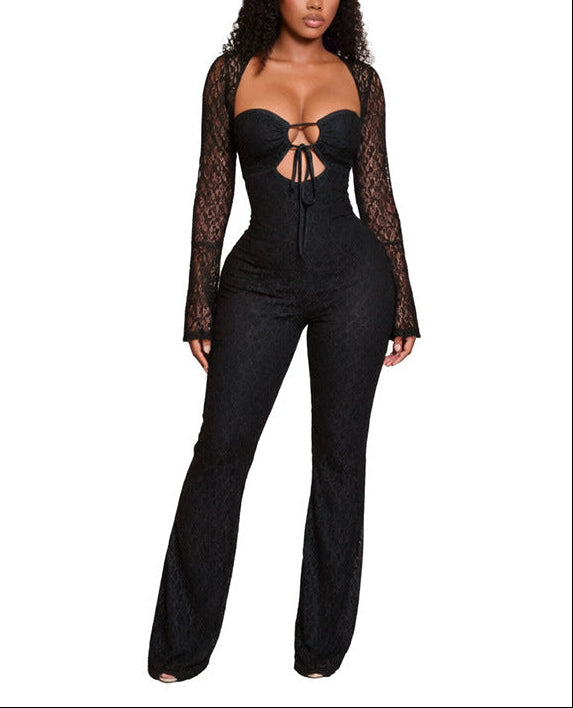 Solid-color Lace Long-sleeve Jumpsuit