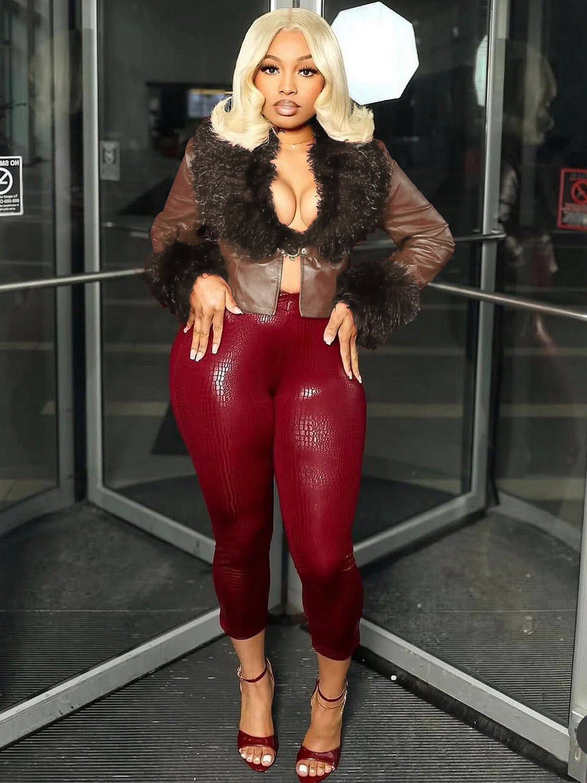 Cropped Leather Jacket With A Plush Collar