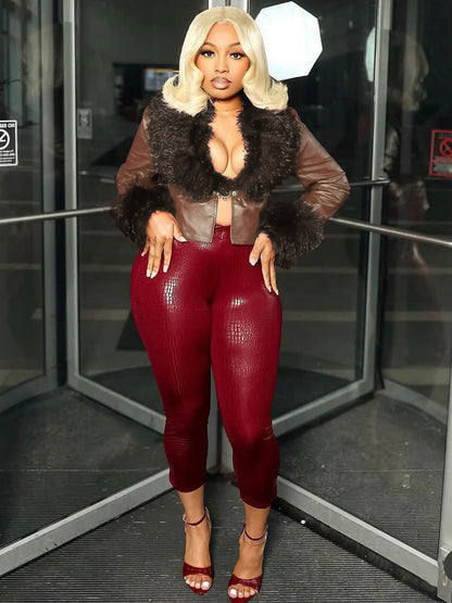 Cropped Leather Jacket With A Plush Collar
