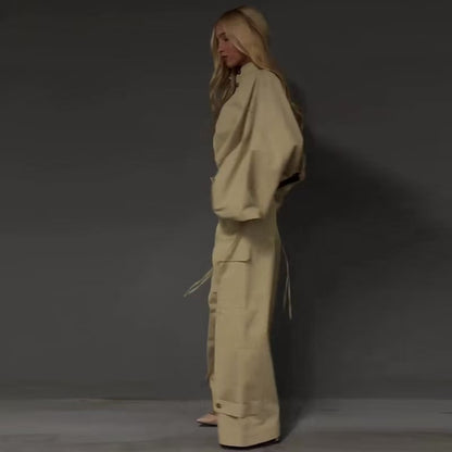 Lantern Sleeve Drawstring Wide-leg Cargo Pants Suit