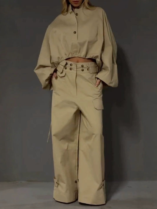 Lantern Sleeve Drawstring Wide-leg Cargo Pants Suit