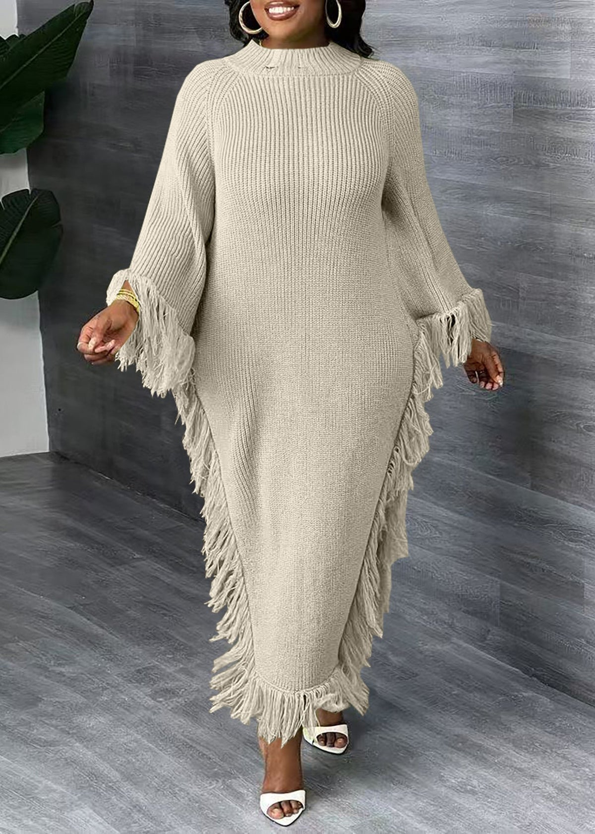 Fringed Mock-neck Sweater Dress